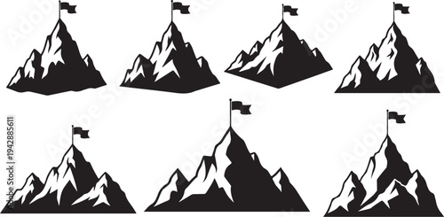 Mountain Peaks with Flags Illustration in Black and White