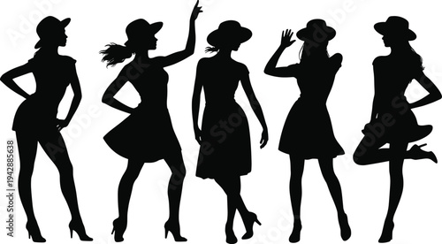 Elegant women silhouettes wearing hats in stylish poses, fashion model collection isolated on white background illustration