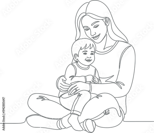 Continuous line art drawing illustrates a loving mother tenderly holding her happy baby close, capturing a heartwarming moment of maternal affection and family bonding.