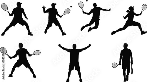 Tennis player silhouette collection showing serving, jumping and celebrating poses with racket isolated on white background sports action vector set