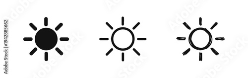 Sun Icons Set in Solid, Outline, and Hand-Drawn Doodle Styles