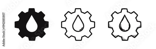Gear with Oil Drop Icons Set in Solid, Outline, and Hand-Drawn Doodle Styles