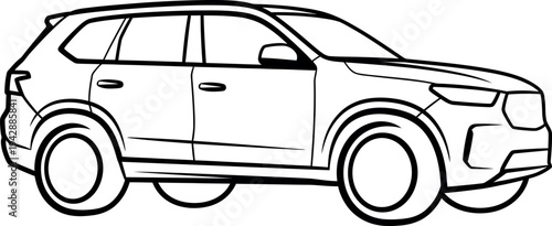 A simple black and white line art drawing featuring a modern sport utility vehicle or SUV as a minimalist vector illustration for automotive design and transportation concepts.