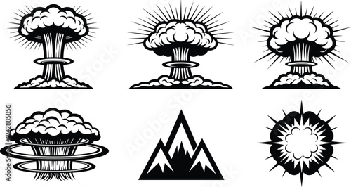 Nuclear explosion mushroom cloud silhouette set with atomic blast radiation symbol and mountain icon isolated on white background vector illustration