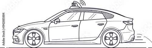 A sleek modern autonomous car with advanced sensing technology on its roof is depicted in a minimalist line art style, showcasing the future of self-driving transportation.