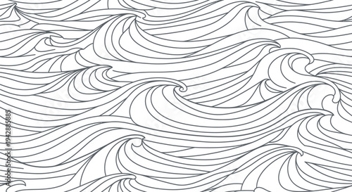 Abstract continuous line art pattern depicting stylized ocean waves flowing across the entire white background surface seamlessly