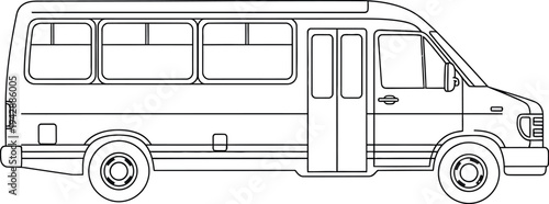 Simple black and white line art illustration depicting a side view of a small passenger shuttle bus or minibus design element.