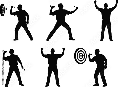 Dart player silhouette set showing man throwing dart aiming at target board with winning celebration poses isolated on white background