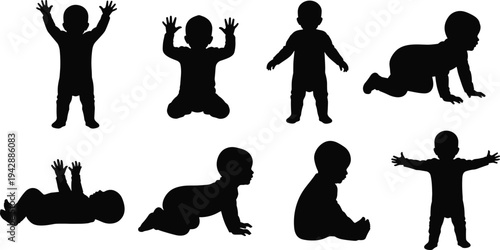 Baby silhouette set showing crawling sitting standing and playing infant poses isolated on white background child growth stages vector illustration