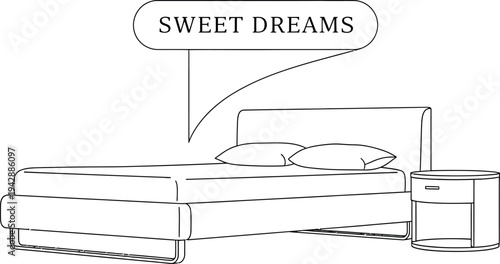 Minimalist line art illustration depicting a comfortable modern bed setup with a nightstand and sweet dreams thought bubble