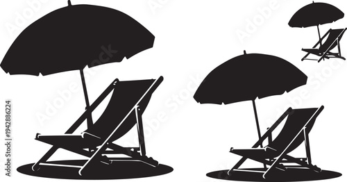 Black beach chairs and umbrellas on white background illustration