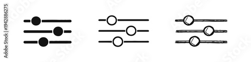 Sliders and Equalizer Control Icons Set in Solid, Outline, and Hand-Drawn Doodle Styles