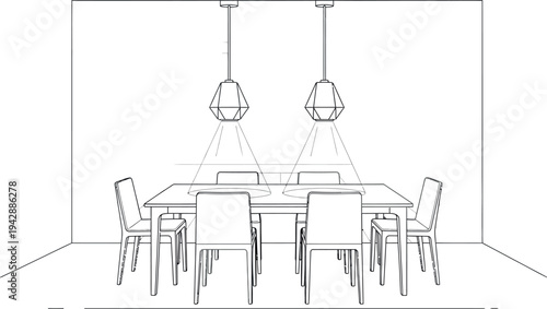Architectural black and white line drawing illustrating two geometric pendant lights illuminating a modern dining table set for six people.
