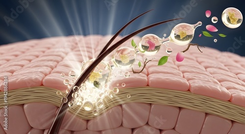 Close up of 3d skin cells and hair follicle with serum droplets and botanical extracts