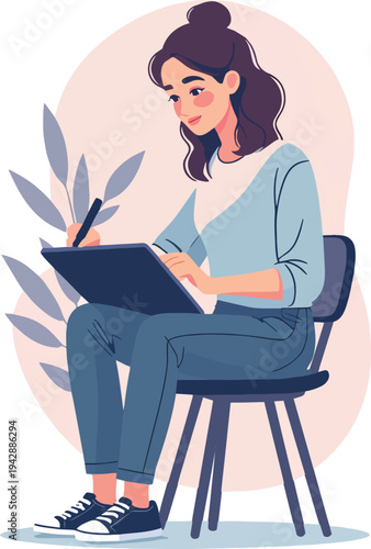 Illustrazione vettoriale di una persona che scrive o lavora su computer e tablet. Concetto di produttività, studio, lavoro digitale, tecnologia e creatività, adatto a progetti educativi, business e te