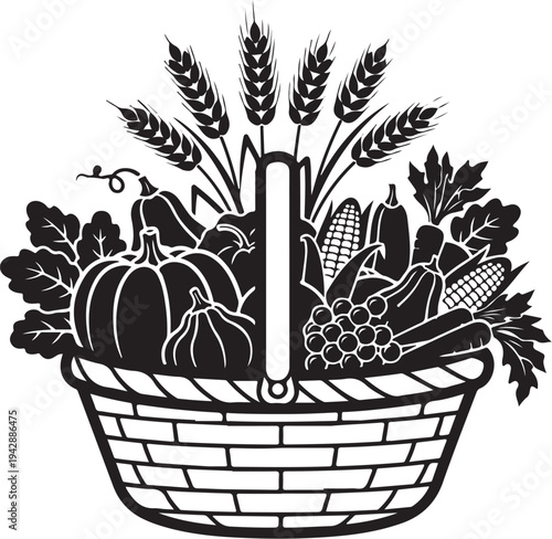 Harvest basket filled with fresh vegetables and fruits illustration