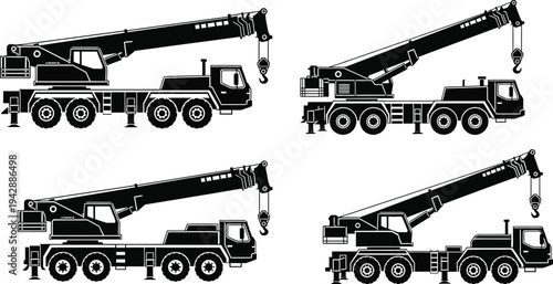 Four types of mobile crane trucks in black and white illustration