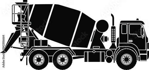 A concrete mixer truck transporting building materials on a construction site.