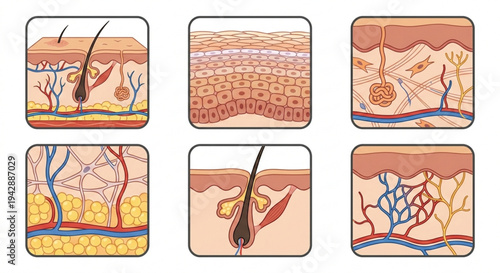 Human skin anatomy structure layers set, epidermis dermis and hypodermis cross section, medical illustration vector