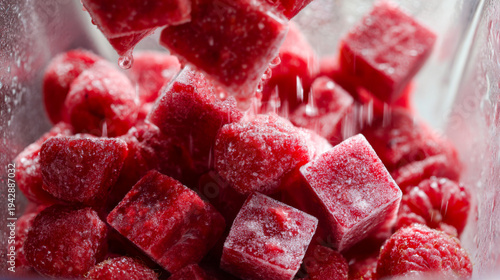 Frozen raspberry and strawberry cubes falling into blender