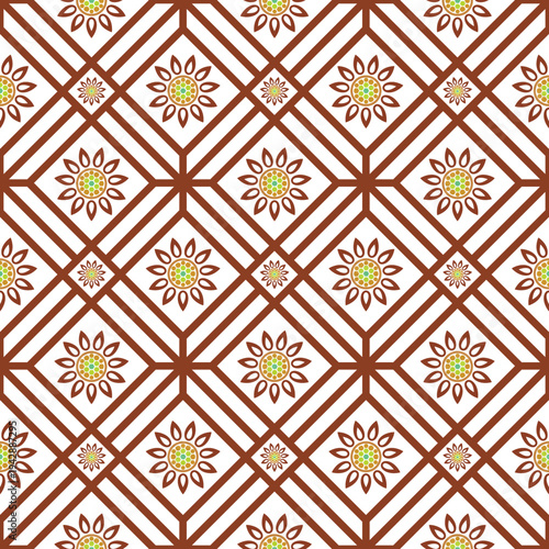 Seamless pattern of diamond flowers in yellow green pink with reddish brown outlines, elegant design