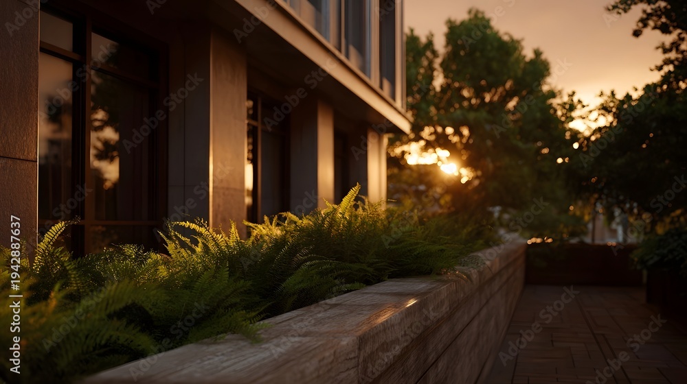 Fototapeta premium Lush green ferns on a modern building balcony bathed in warm golden sunset light