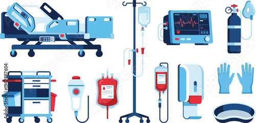 Hospital inpatient care equipment icons with hospital bed IV drip vital signs monitor in sky blue navy red for medical illustration design