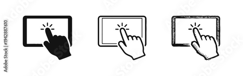 Tap on tablet screen icon set. Touch screen interaction, digital device usage, or mobile technology in solid, line, and doodle style.