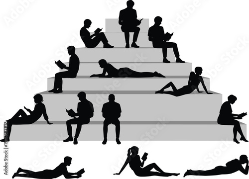 People reading books silhouettes collection, students studying in different poses on steps, education learning concept isolated on white background