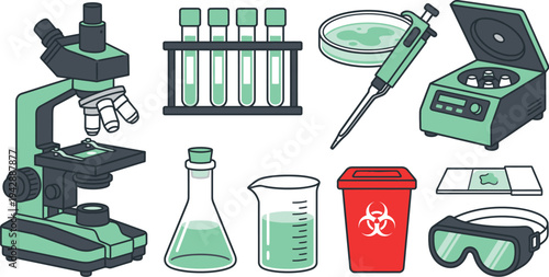 Medical laboratory research equipment icons with microscope centrifuge petri dish goggles in mint green charcoal white for lab science design
