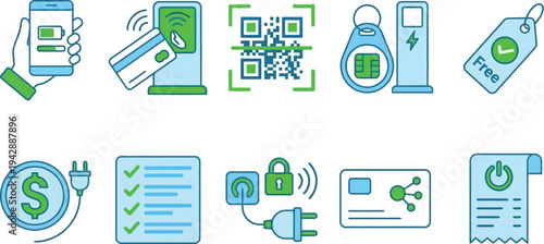 EV charging payment interaction icons with QR code RFID smartphone app plug-and-charge in light blue vibrant green white for smart charging design