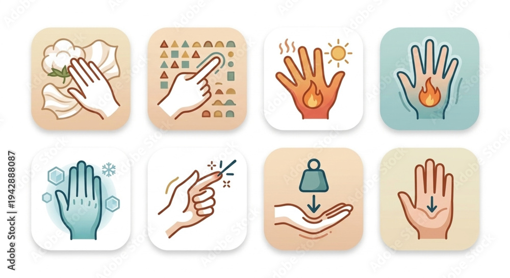 Fototapeta premium Human sense of touch and tactile perception icons, hand feeling different textures and temperatures vector set