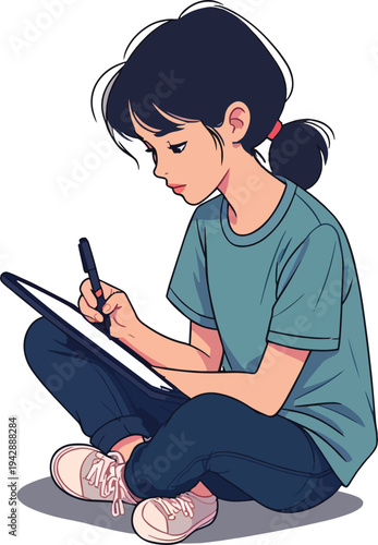 Illustrazione vettoriale di una persona che scrive o lavora su computer e tablet. Concetto di produttività, studio, lavoro digitale, tecnologia e creatività, adatto a progetti educativi, business e te