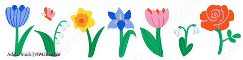 Hand drawn bold floral set Tulip, Rose, Iris, Daffodil, Crocus, Snowdrop, Lily of the Valley and butterfly. Naive folk style spring summer flowers vector illustration for Sticker, Icon, Print, Decor