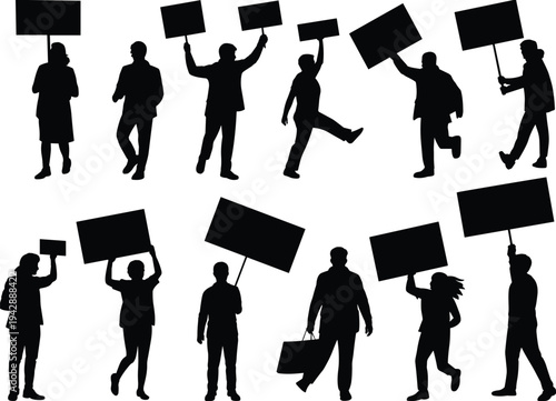 Protest crowd silhouettes holding blank placards, demonstration activists marching with signs, social movement rally, political protest concept isolated