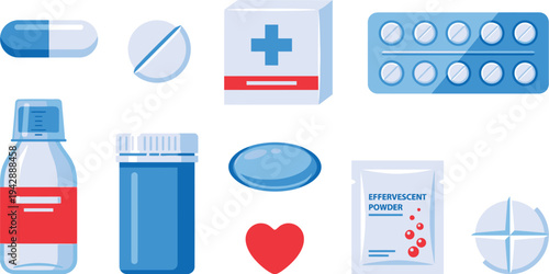 Medication forms pharmaceutical icons with capsule gel cap blister pack effervescent powder in clinical blue white red for pharmacy design