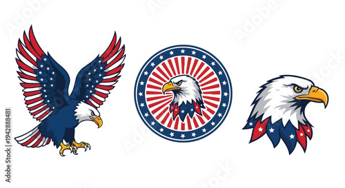 Graphic illustration of three American eagle logos with red, white, and blue colors on a white background.