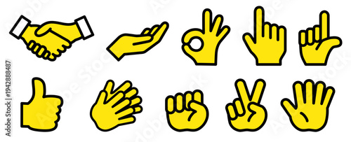 黄色のハンドサイン・ジェスチャーアイコンセット（握手・OKサイン・ピース・指差しなど手のポーズイラスト素材）