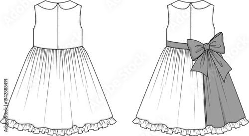 Girl’s sleeveless dress illustration, technical fashion sketch, back view, gathered skirt, ruffled hem, bow detail, ribbon tails, garment design