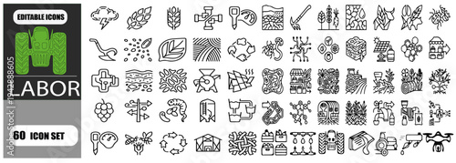 Agriculture and Smart Farming Linear Icon Set featuring Sustainable Organic Cultivation Methods, Modern Agronomy Technology, Harvest Equipment, Livestock Management, and Eco Friendly Rural Development