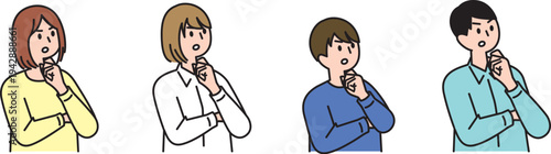 顎に手を置いて怪しむ若い男女のイラストバリエーション