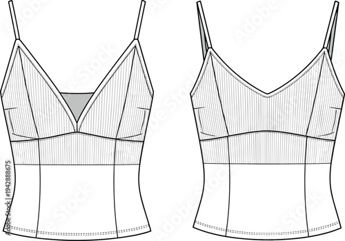 Women’s camisole illustration, technical fashion sketch, front and back view, seam detailing, pleated bust, fitted bodice, garment construction, apparel design