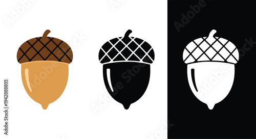 Flat lay of three acorn icons in brown, black and white on a clean background.