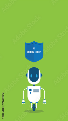 AI Cybersecurity Robot With Digital Security Shield, Artificial Intelligence Data Protection Concept, Machine Learning Network Defense, Cyber Security Technology Vector Illustration