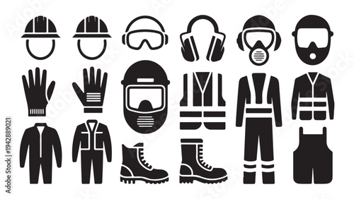 Set of personal protective equipment icons, black safety workwear sign, industrial protection symbols