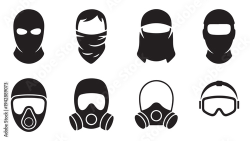 Set of balaclava, gas mask, and scarf icons, headwear and face protection symbols, security elements