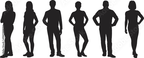 Standing people silhouettes collection, men and women confident poses, casual lifestyle characters isolated, black vector illustration set