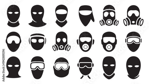 Set of safety and protection masks balaclavas and gas masks for disguise and security isolated vector icons