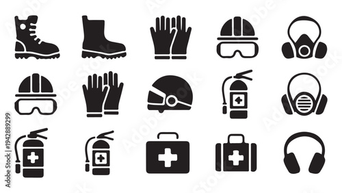 Collection of industrial safety equipment including boots gloves helmet gas mask fire extinguisher and first aid
