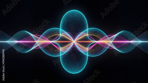 Abstract quantum physics concept with blue and pink glowing sine waves merging into a central form